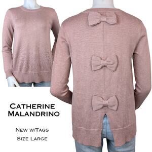 Catherine Malandrino Sweater Large Mauve Pink Bows Back Lightweight Knit Classic